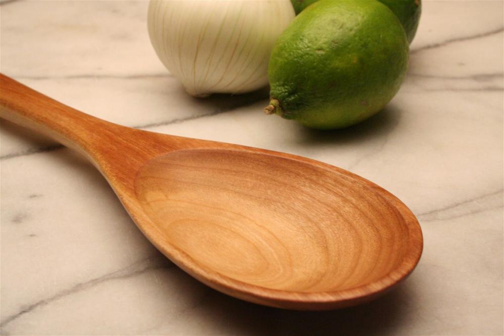 Hand Carved Wooden Stirring Spoon With Tasting Handle Of Cherry Wood