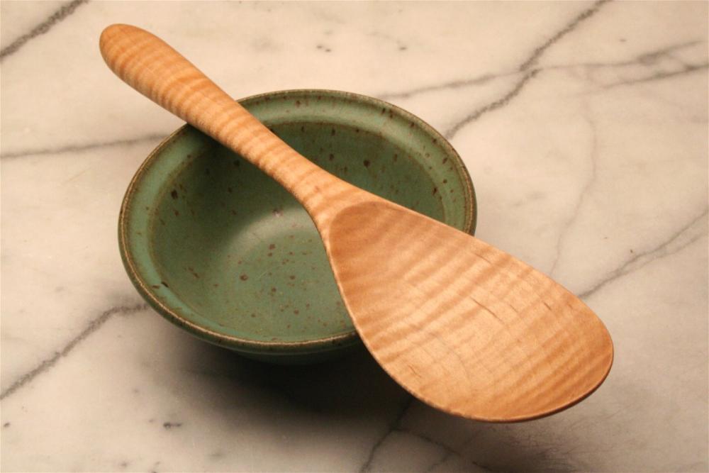 Hand Carved Wooden Spoon Rice Spoon For Serving Sticky Rice Out Of A Rice Cooker.