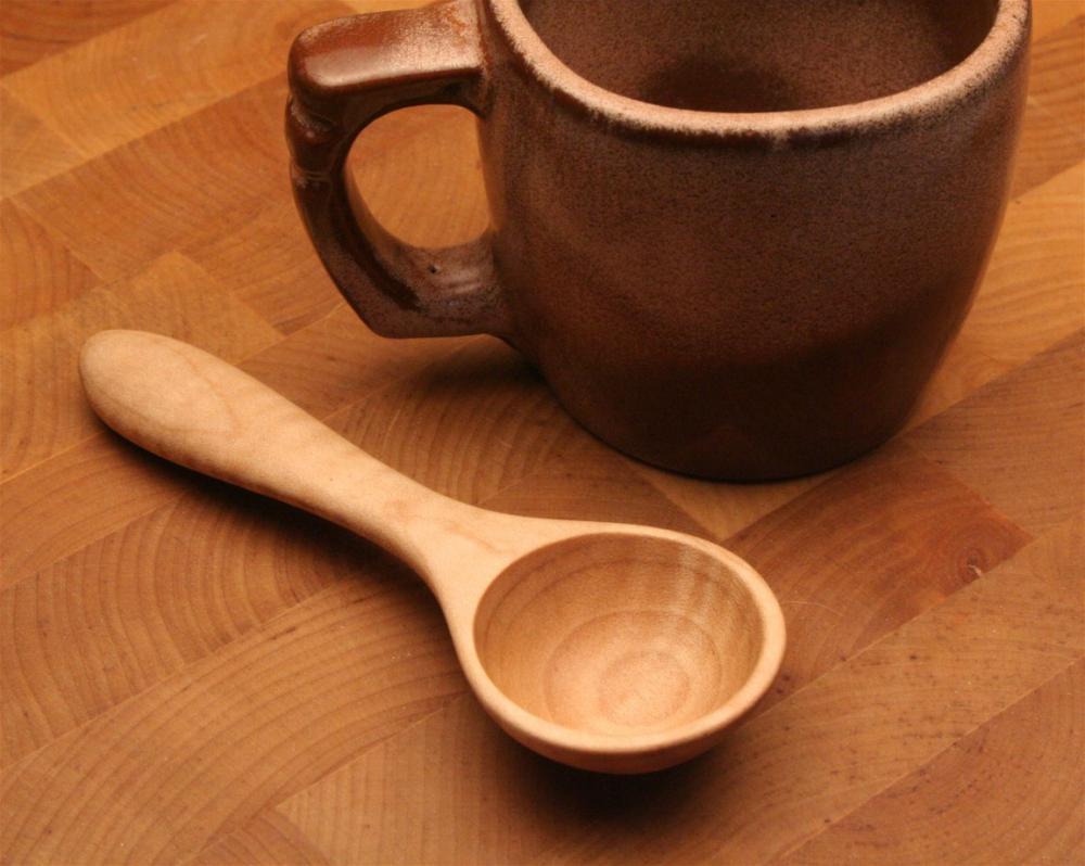 Wooden Coffee Scoop And 1 Tablespoon Measure Of Curly Maple Wood